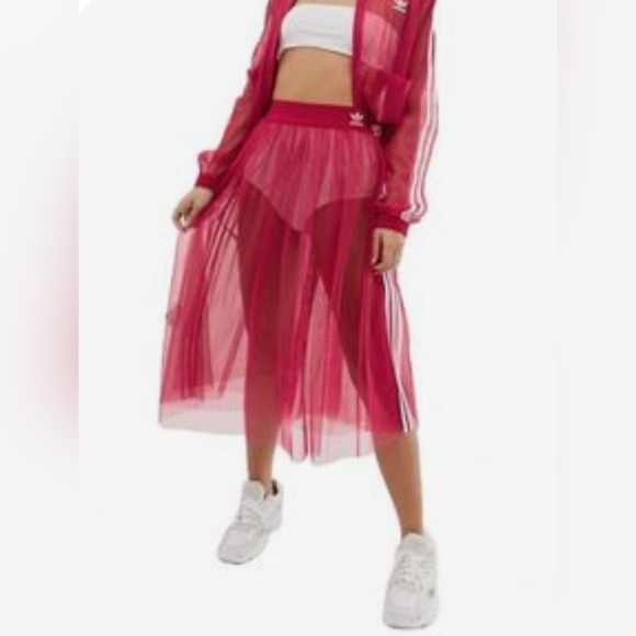 adidas Dresses & Skirts - ADIDAS Tulle 2 Layers HTF ENERGY PINK Elastic Waist 3 White Stripes Maxi Skirt S